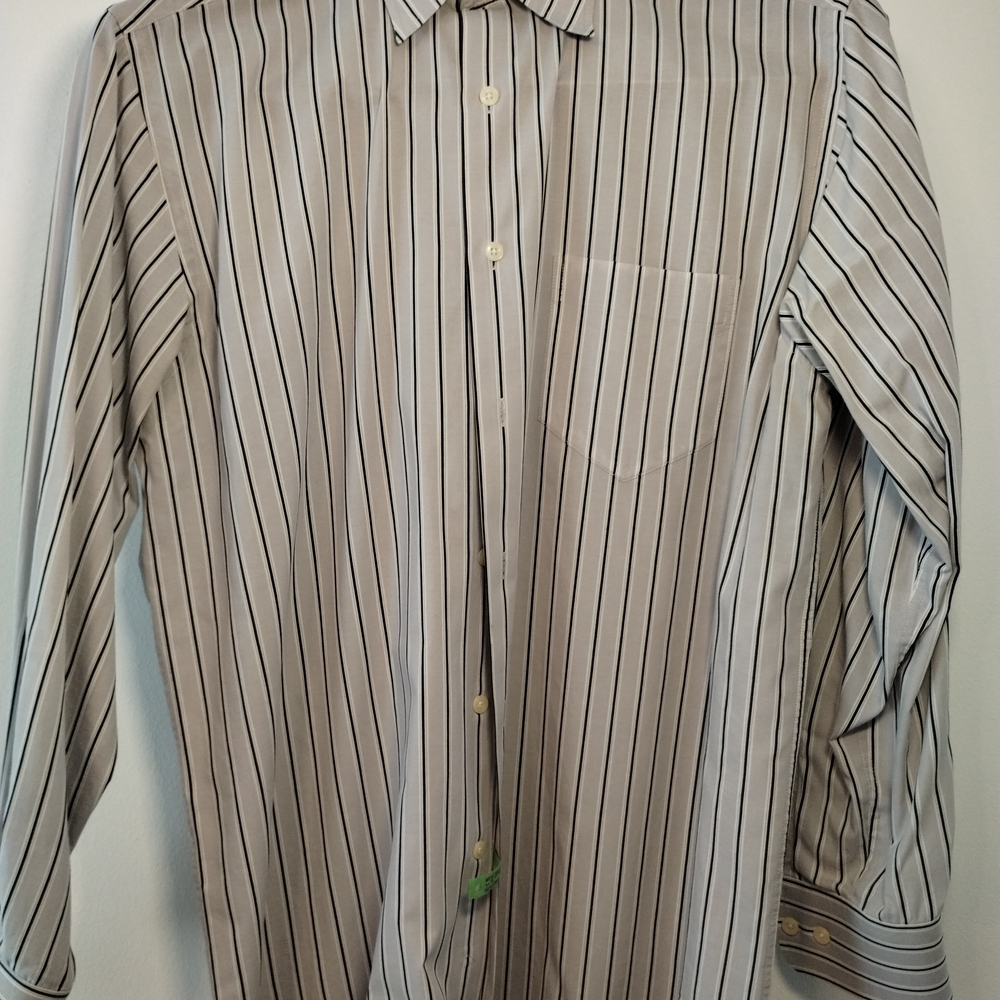 Perry Ellis Black and White Dress Shirt with Vertical Stripes